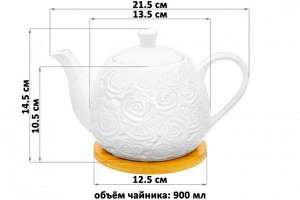 Чайник 900 мл с деревянной подставкой "Розы", размеры 21,5x13,5x14,5 см