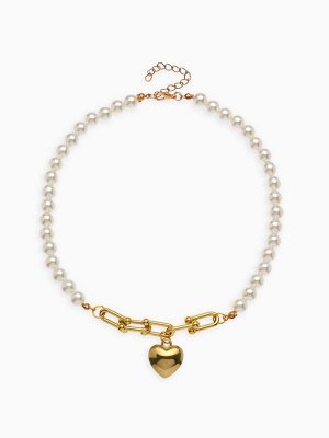 Колье с жемчугом «Сердце», белое в золоте, 37 см
