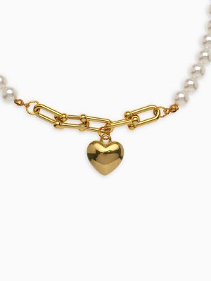 Колье с жемчугом «Сердце», белое в золоте, 37 см