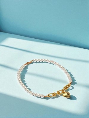 Колье с жемчугом «Сердце», белое в золоте, 37 см