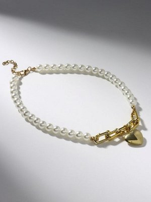 Колье с жемчугом «Сердце», белое в золоте, 37 см