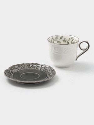 Чайная пара WY Floral Laceware, 2 предмета: чашка 300 мл, блюдце d=15 см, фарфор, белая, серая