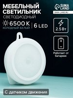 Светильник светодиодный с датчиком движения, 6 LED, 2.5 Вт, от батареек 3хAAA, 6500К, свечение холодное белое
