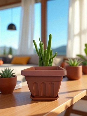 Горшок для цветов Ирис квадратный 0,9 л. (с поддоном), терракот, пластик