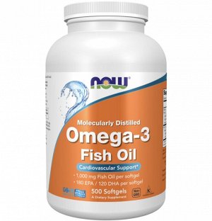 Омега-3 (рыбий жир) 1000 мг от NOW Foods, 500 капсул — для сердца, сосудов и мозга на 4 месяца