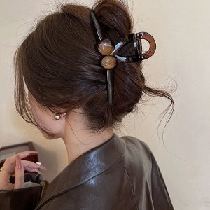 Краб для волос Петелька с двумя коричневыми жемчужинами, 13 см.
