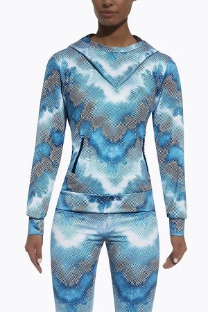 Топ Толстовка с капюшоном для фитнеса свободного кроя Energy blouse 200 den голубого цвета изготовлена из полностью непрозрачного, эластичного, корректирующего фигуру материала. Благодаря применению о