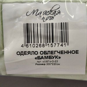 Одеяло евро, 200х220 см, Бамбук, 50% бамбук, 50% полиэстер, 180 г/м2, облегченное, чехол 100% полиэстер, кант, Майская ночь