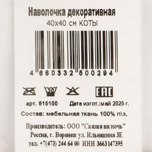 Наволочка декоративная Коты, 100% полиэстер, 40 х 40 см