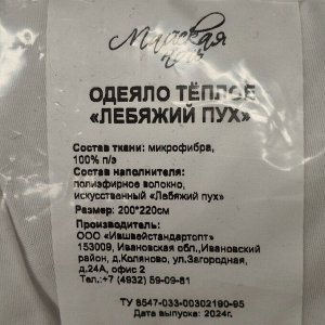 Одеяло евро, 200х220 см, лебяжий пух, 400 г/м2, всесезонное, чехол 100% полиэстер, кант, Майская ночь