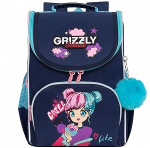 Ранец школьный GRIZZLY суперлегкий с анатомической спинкой, на ножках, с мешком для обуви, для девочки