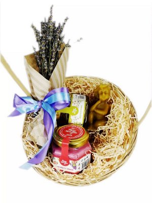 Подарочный набор "Лаванда с мёдом и свечей " мёд разнотравье, крем-мёд с малиной, свеча медовая ангел