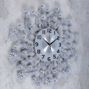 Часы настенные, серия: Ажур, "Листья и цветочки", хромированные, d=59 см