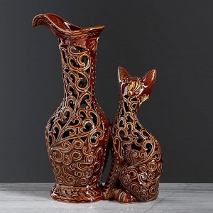 Ваза настольная "Кот с кувшином", резка, 32 см, керамика