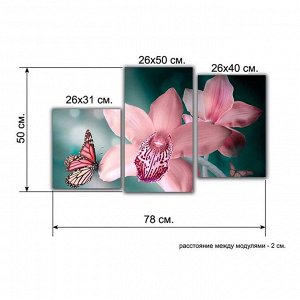Модульная картина на подрамнике "Бабочка с орхидеями", 26?50, 26?40, 26?32. 50?80 см