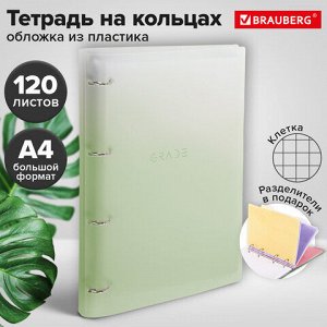 Тетрадь на кольцах БОЛЬШАЯ 305х235 мм А4, 120 л., пластик, с разделителями, BRAUBERG, Зеленый, 404625