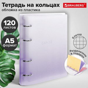 Тетрадь на кольцах А5 175х220 мм, 120 л., пластик, с разделителями, BRAUBERG, Фиолетовый, 404627