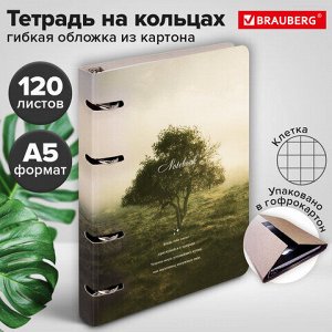 Тетрадь на кольцах А5 160х212 мм, 120 листов, картон, матовая ламинация, клетка, BRAUBERG, "Nature", 404728