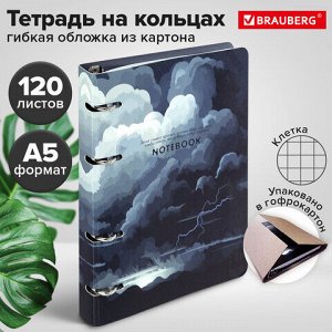 Тетрадь на кольцах А5 160х212 мм, 120 листов, картон, матовая ламинация, клетка, BRAUBERG, "Clouds", 404726