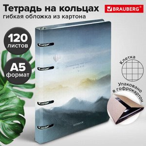 Тетрадь на кольцах А5 160х212 мм, 120 листов, картон, матовая ламинация, клетка, BRAUBERG, "В горах", 404724