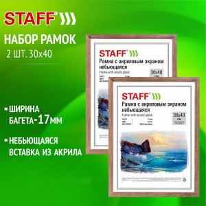 Рамка 30х40 см небьющаяся, КОМПЛЕКТ 2 шт., багет 17 мм, МДФ под дерево, STAFF "Carven", цвет мокко, 391326