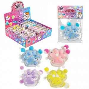 Игрушка-антистресс "КОШАЧЬЯ ЛАПКА С ПОМПОНАМИ", 7х6 см, ассорти 4 цвета, дисплей, JOLLY JOT (ДЖОЛЛИ ДЖОТ), 665774