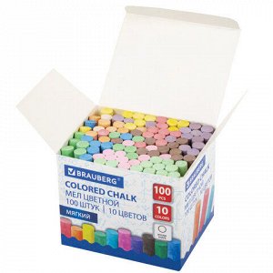Мел цветной круглый мягкий 100 штук, 10 цветов, BRAUBERG, картонная упаковка, 272769