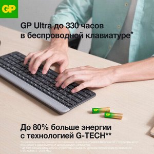 Батарейки КОМПЛЕКТ 4 шт., GP Ultra G-Tech, AA (LR6, 15А), алкалиновые, пальчиковые, 15AUA21-2CRSBC4