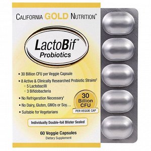 Пробиотики California Gold Nutrition, Пробиотики LactoBif, 30 млрд КОЕ, 60 овощных капсул
alifornia Gold Nutrition пробиотики LactoBif
Выпускается в следующих формах: по 5, 30 и 100 млрд КОЕ в одной к