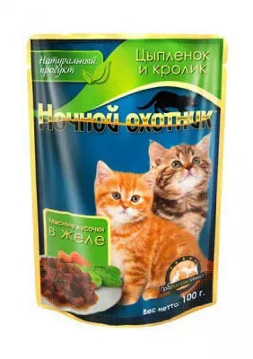 Ночной Охотник пауч 100г для котят Цыпленок Кролик Желе