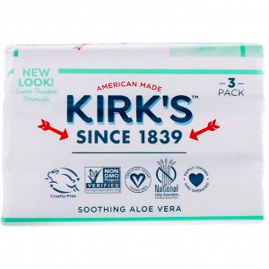 Kirk&#x27 - s, 100% Premium Coconut Oil Gentle Castile Soap, Soothing Aloe Vera, 3 Bars, 4 oz (113 g) Each