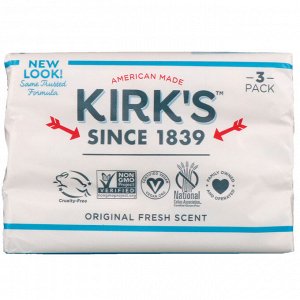 Kirk&#x27 - s, 100% Premium Coconut Oil Gentle Castile Soap, Original Fresh Scent, 3 Bars, 4 oz (113 g) Each