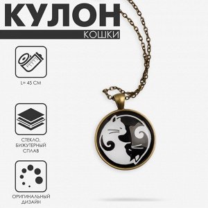Кулон из стекла «Кошки» инь-ян, цвет бело-чёрный в чернёном золоте, 45 см