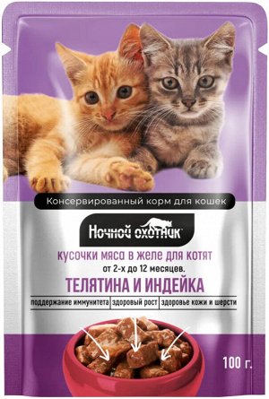 Пауч 100гр. "НОЧНОЙ ОХОТНИК" для КОТЯТ желе ТЕЛЯТИНА+ИНДЕЙКА