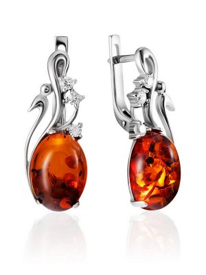 Серьги из натурального янтаря коньячного цвета с фианитами «Мелисса»