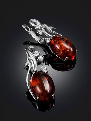 Серьги из натурального янтаря коньячного цвета с фианитами «Мелисса»