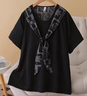 Футболка с круглым вырезом и декор. шарфом, черный