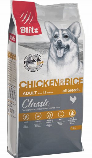 Сухой корм для собак BLITZ CLASSIC ADULT курица, рис (15 кг)