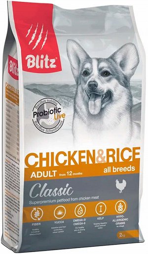 Сухой корм для собак BLITZ CLASSIC ADULT курица, рис (2 кг)