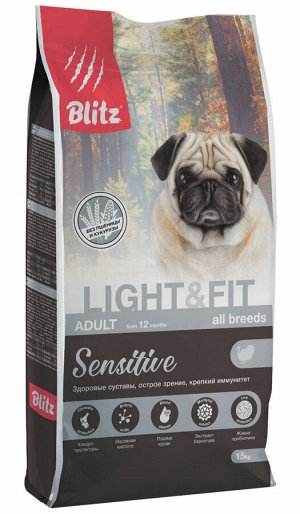 Сухой корм для собак BLITZ SENSITIVE ADULT LIGHT & FIT диетический индейка (15 кг)