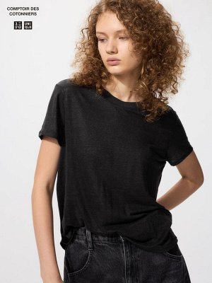 UNIQLO x  Comptoir des Cotonniers - базовая льняная футболка с круглым вырезом - 09 BLACK