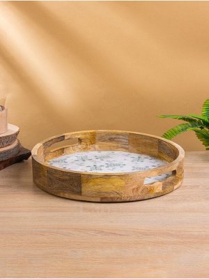Поднос круглый с бортиками «Черепаха и цветы», 35x35x6.5 см, дерево манго