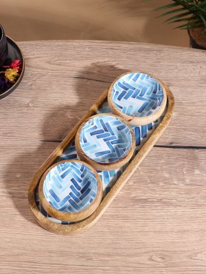 Набор розеток на подносе «Синяя мозайка», 3 шт., 33.5x13x6.5 см, дерево манго