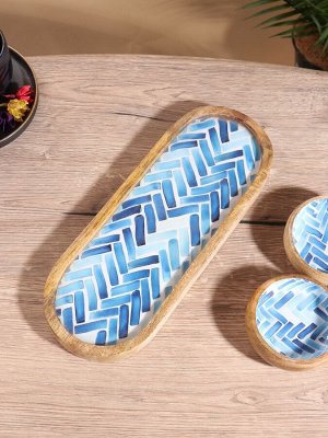 Набор розеток на подносе «Синяя мозайка», 3 шт., 33.5x13x6.5 см, дерево манго