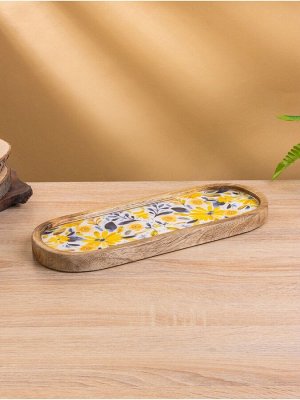 Набор розеток на подносе «Желтые и синие цветы», 3 шт., 33.5x13x6.5 см, дерево манго