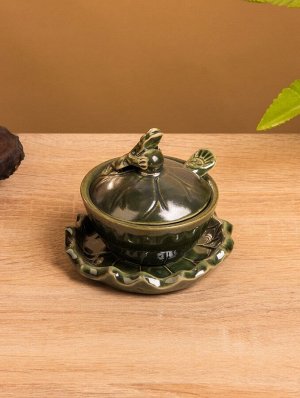 Соусник с крышкой на подставке «Лягушка», 8x9x10 см, керамика, зелёный