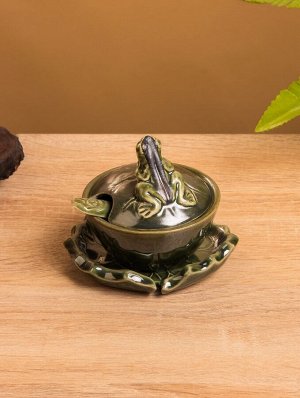Соусник с крышкой на подставке «Лягушка», 8x9x10 см, керамика, зелёный
