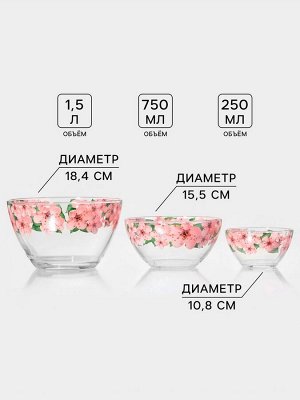 Набор салатников Декостек "Трио. Сакура", 3 шт., 1700/900/300 мл, стекло, прозрачный, розовый