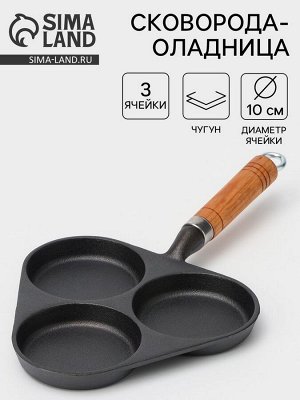 Сковорода-оладница, 37x19 см, деревянная ручка, чугун, чёрная