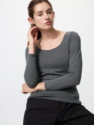 UNIQLO Extra Warm Heattech - теплая термо-кофта с U-образным вырезом - 07 GRAY